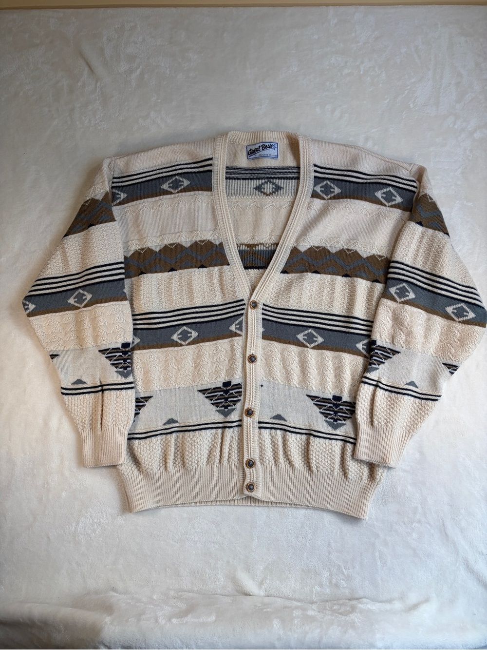 Vintage Great Boss Geometric Knit Cardigan Sweater Mens Large XL